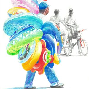 Vendedor de flotadores con ciclistas