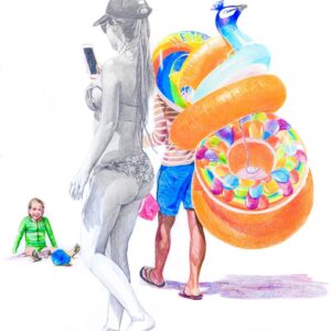 Turista con celular y vendedor de flotadores y niña jugando en la arena