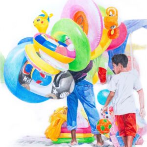 Vendedor de flotadores con niño de pantaloneta roja
